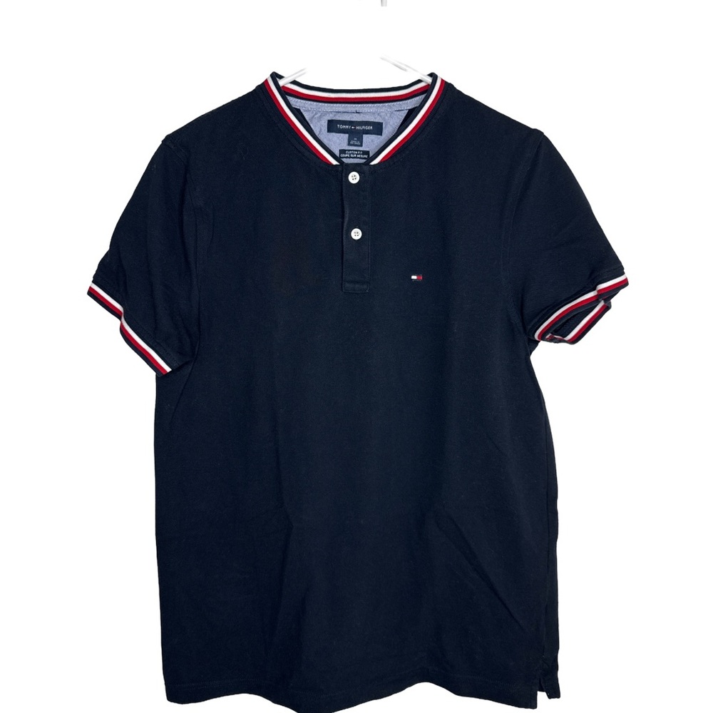 TOMMY HILFIGER Custom Fit Men's Black Polo Shirt Cotton Short Sleeve Logo Size M